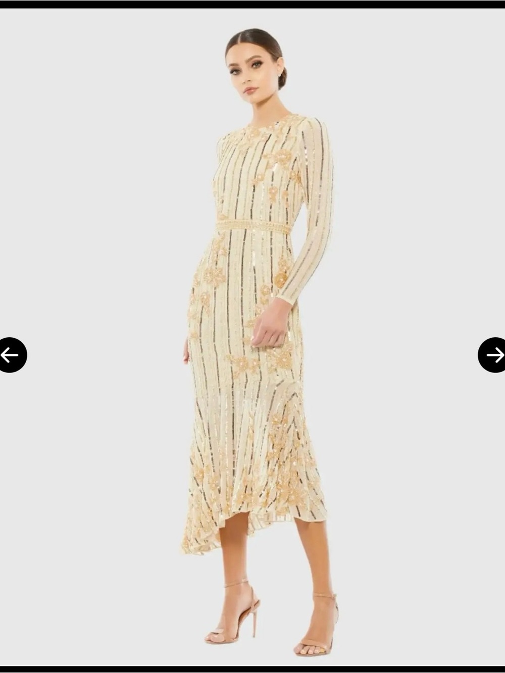 Mac Duggal Gold and Cream Long-Sleeve Embellished Midi Dress